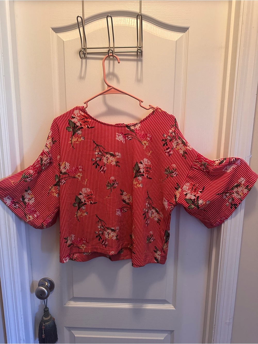 meraki Coral-Red Striped Floral Balloon-Sleeve Blouse